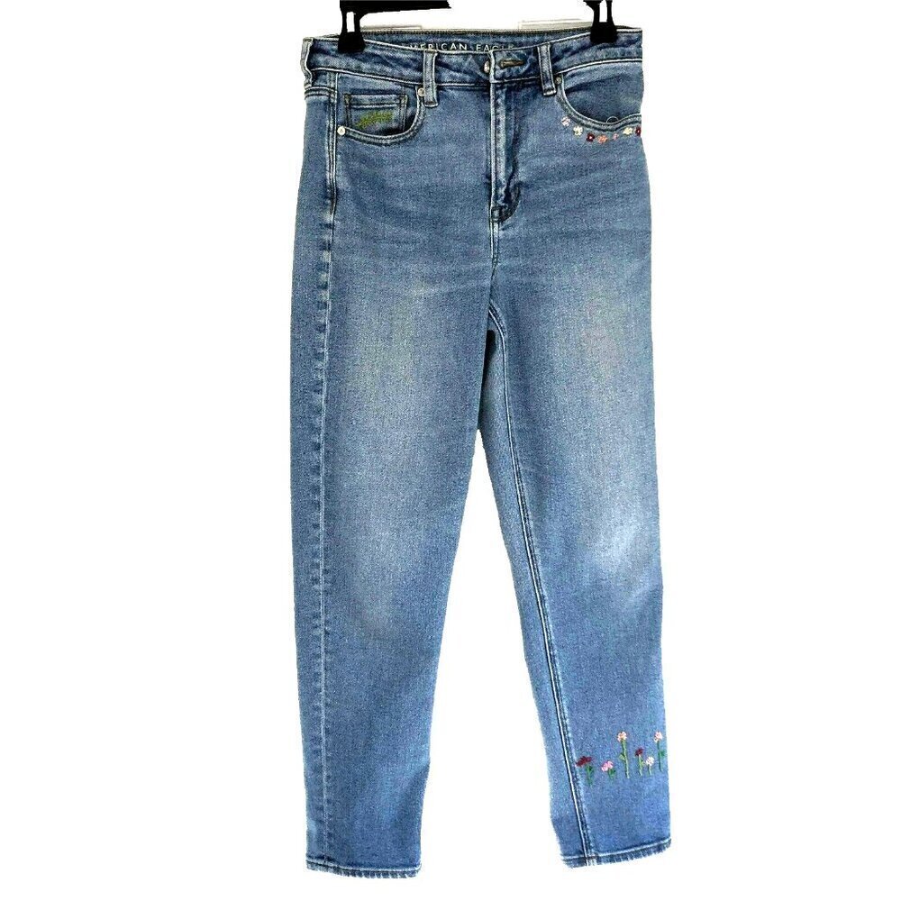 American Eagle Mom Jeans sz 4 Stretch Whiskered Embroidered Blue